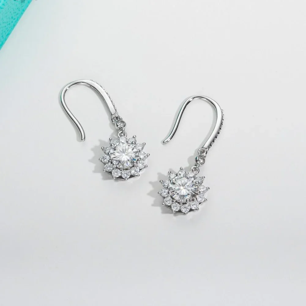 Certified 2ct. t.w. Moissanite Diamond Sunflower Drop Earrings NEW